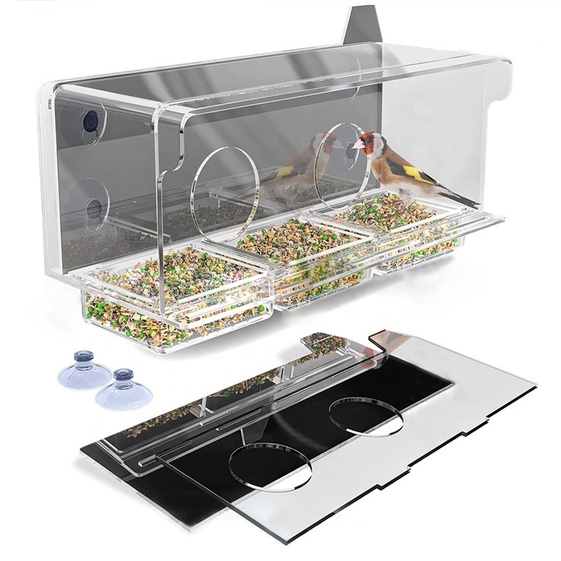 Clear Acrylic Bird Food Feeders with One Way Perspective Mirror for Pigeons Parrot Starling Pet Birds Feeding Devices