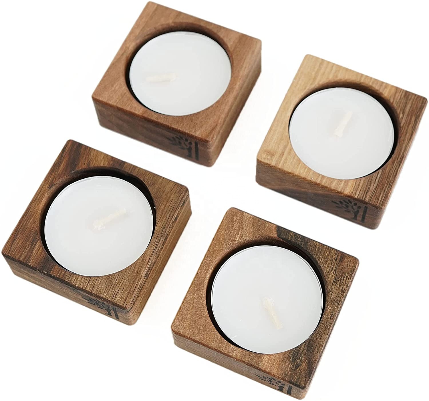 Candle Holder, Natural Solid Wood - Walnut, with Candles Set of 4