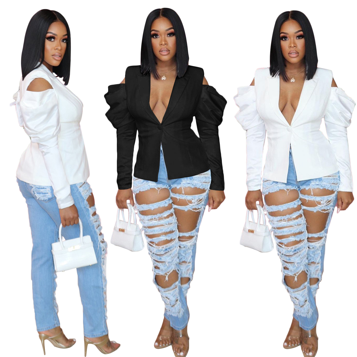 2021 autumn sexy fashion white Female bubble long-sleeved Tuxedo strapless suit Coat women