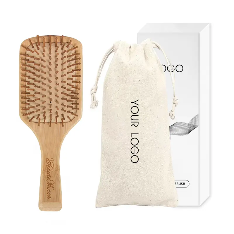 Custom Logo Detangle Paddle Hair Brush Bamboo Wood Hair Brush