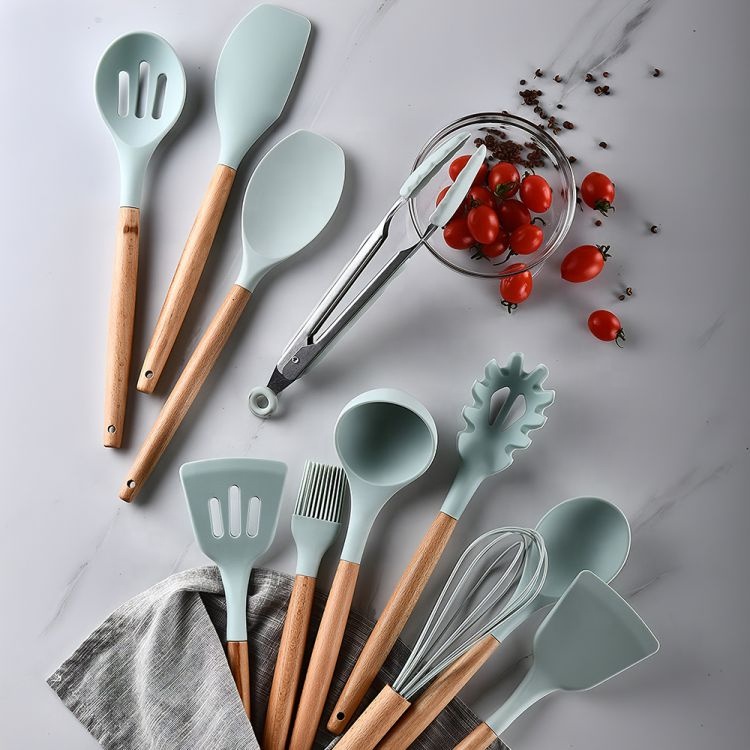 Non Toxic 12 pcs Cooking Tools Kitchenware Cocina Spatula Silicone Kitchen Utensils Set With Wooden Handles
