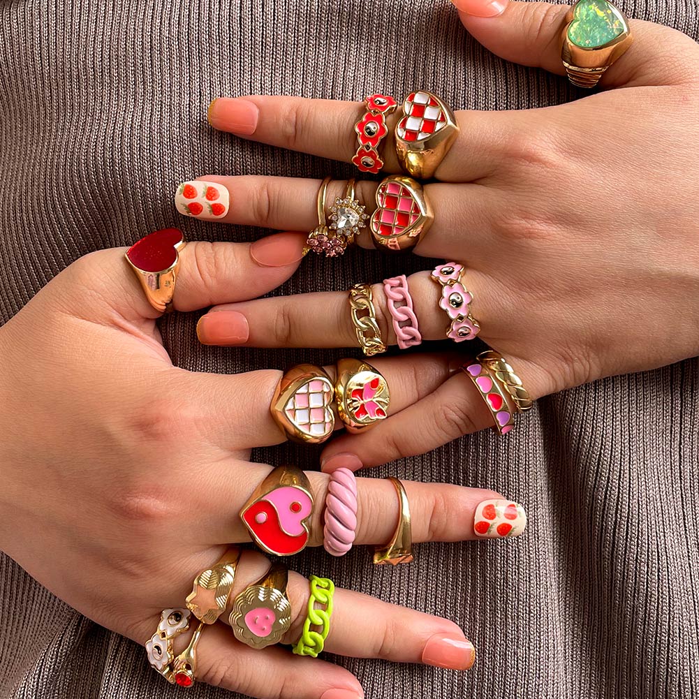 Red Style Aesthetic Gifts Smile Face Alien Rings For Women Chunky Butterfly Enamel Love Heart Finger Rings