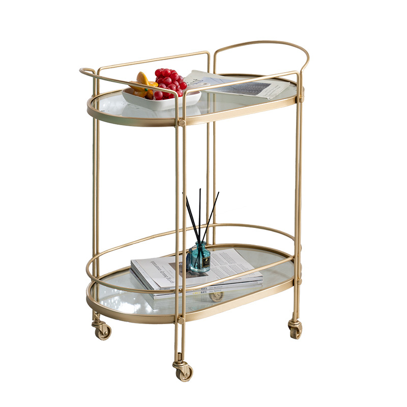 JT1001E Nordic Light Luxury Golden Serving Stroller Home Small 2 Tier Oval Glass Table Top And Cast Iron Rack Bar Cart Trolley