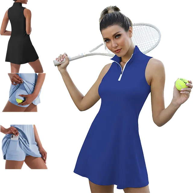 Women Two Piece Set Tennis Skirt Wear Golf Athletic Sleeveless Tennis Dresses with Built in Shorts and Pockets