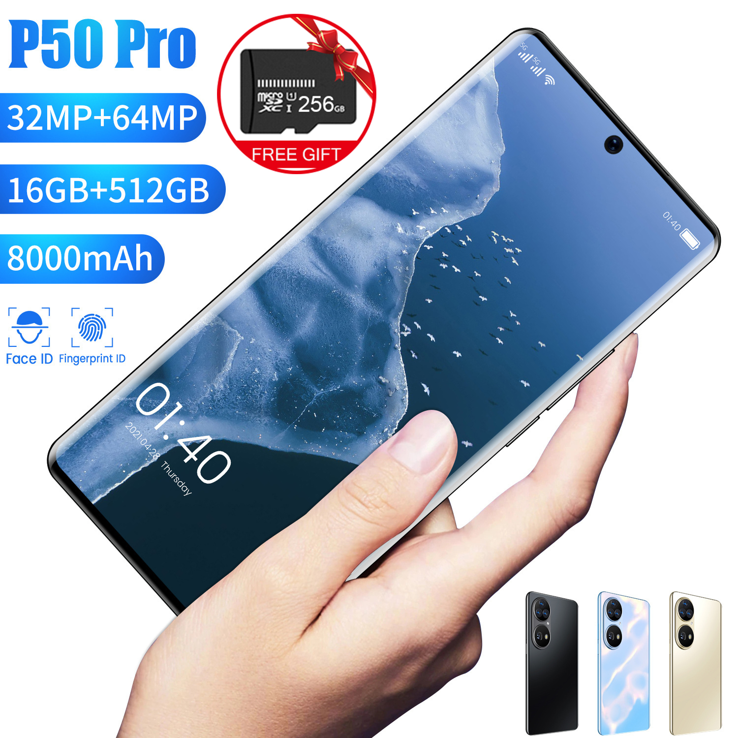 Бесплатная 256 внутренняя зарядная карта P50 Pro 5G 10-core 7,3 дюймов 5G incell HD-экран смартфон 12 Гб + 512 Гб мобильный телефон Android 12