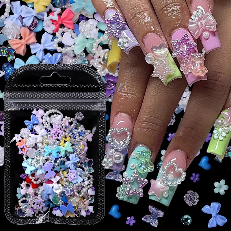 Wholesale 100pcs/bag Baroque flower Nail Accessories Black Pink Blue Heart Bow Flowers Butterfly Shell Nail Decoration
