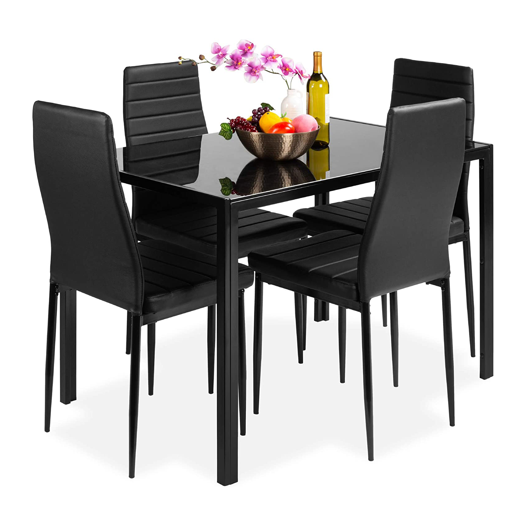 Cheap Home Furniture 4 Black PU Leather Metal Frame Chairs Glass Top Dining Table Set for Dinning Room Kitchen