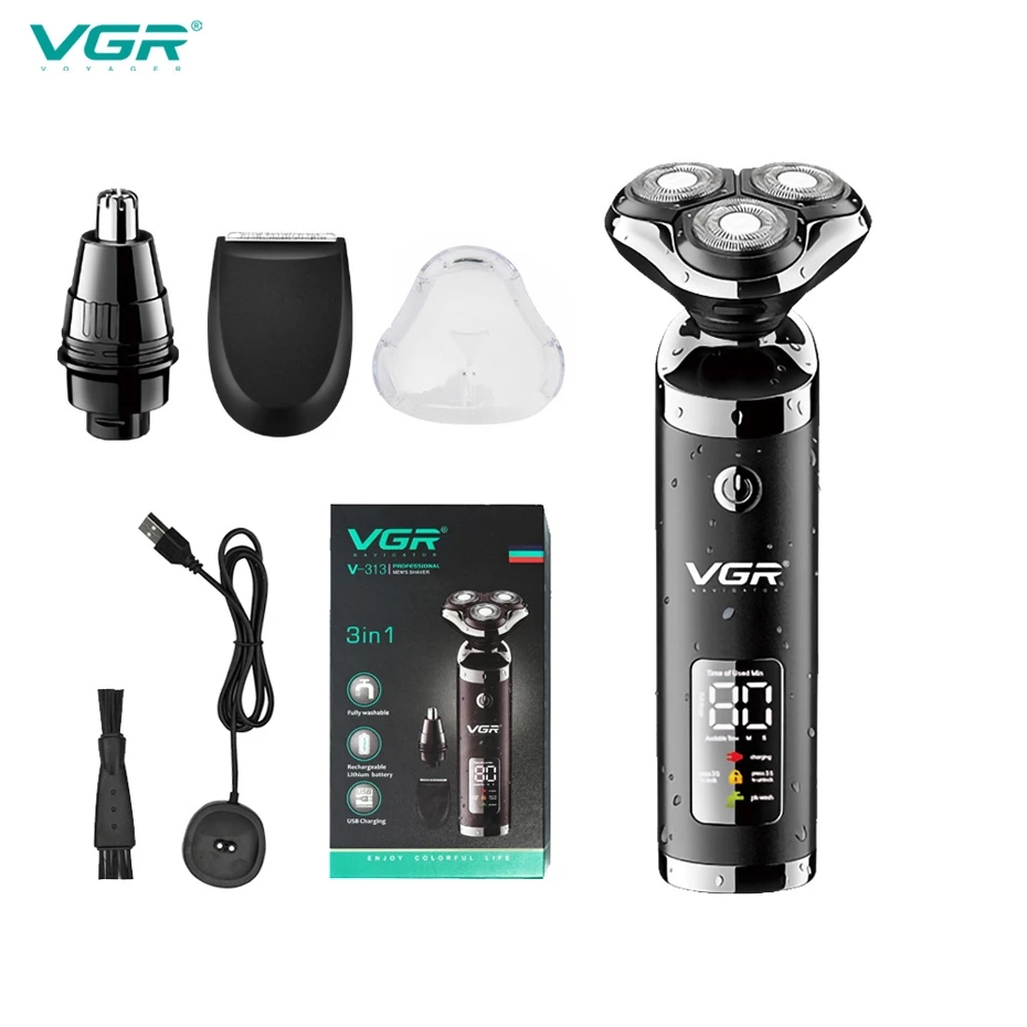VGR V-313 Three-in-one Electric Shaver USB Shaver Multi-function Beard Knife USB Rechargeable with LCD Display Machine Clipper
