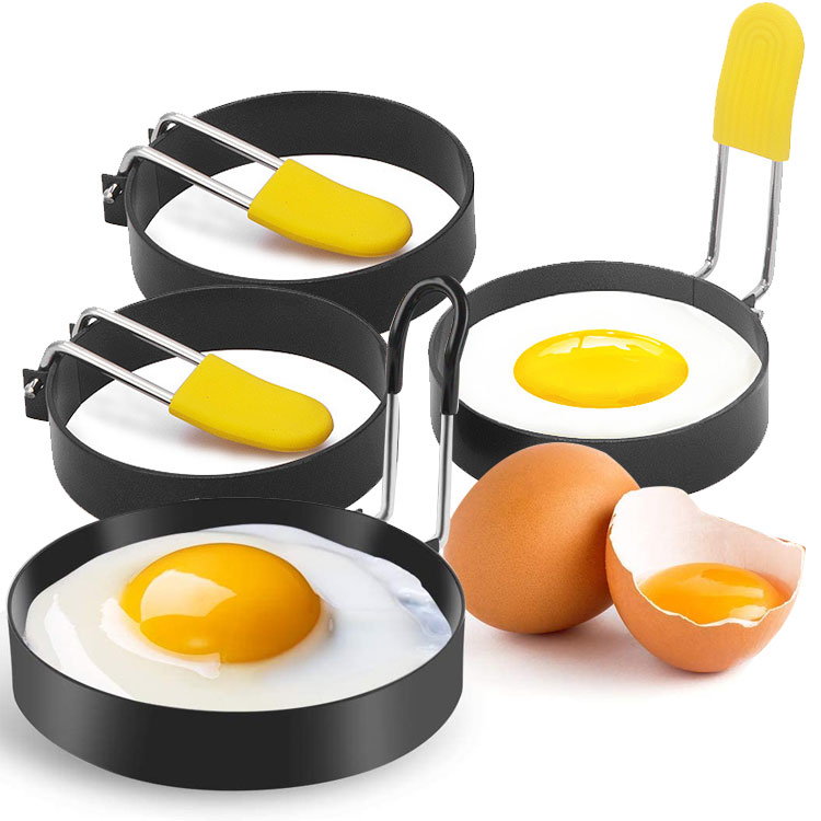 OEM&ODM Custom Egg Poacher 2 Pcs In Color Box Non-Stick Stainless Steel Egg Rings With Silicone Cover Handle