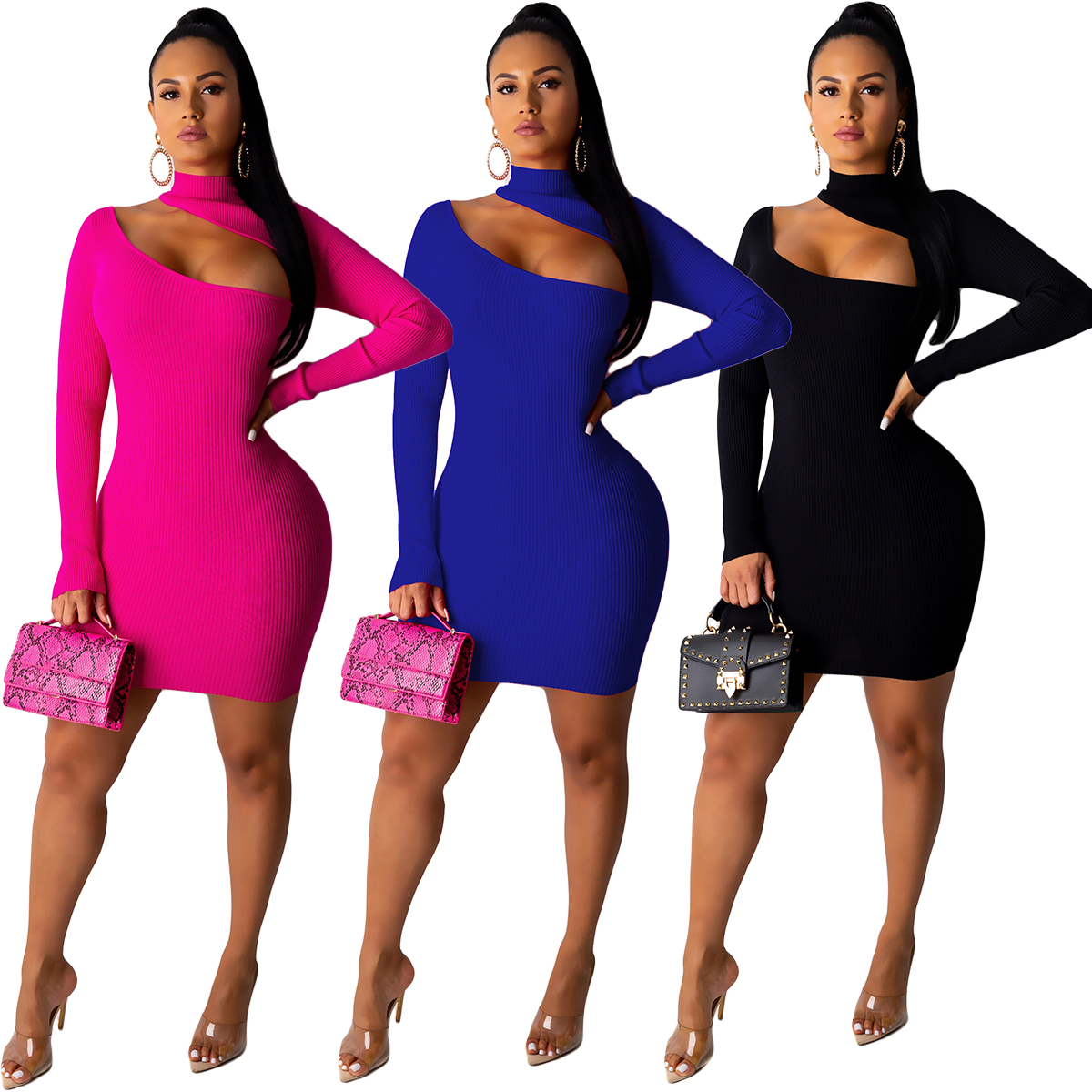 Yy5066 Autumn Women'S Solid Color Long Sleeve Dress Sexy Breathable Women'S Dress