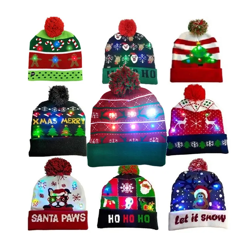 2022 New Year LED Knitted Christmas Hat Beanie Light Up Illuminate Warm Hat For Kid Adults New Year Christmas Cap