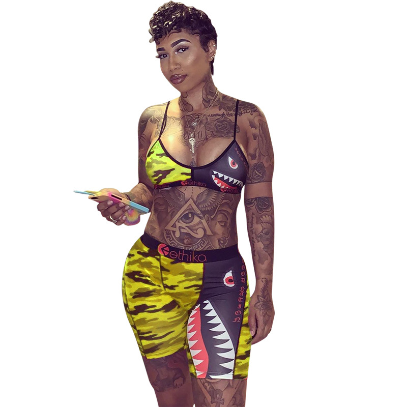 Swimsuit shark print tracksuit crop top causal two piece set ethika women set