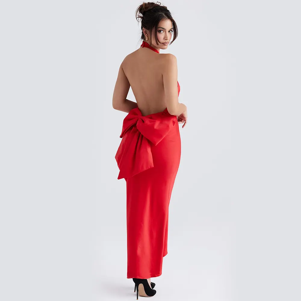Christmas Eve Red Celebrity Luxury Dresses High Neck Backless Bow Tie Slim Women Satin Maxi Evening Dresses
