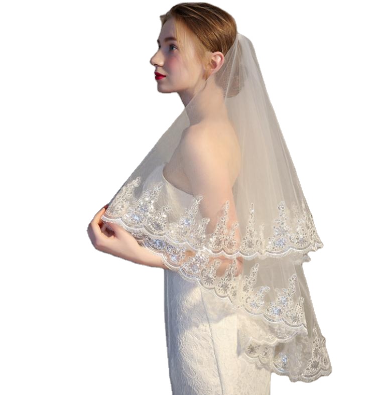 Wholesale white double ribbon hem center cascade bridal wedding veil with comb