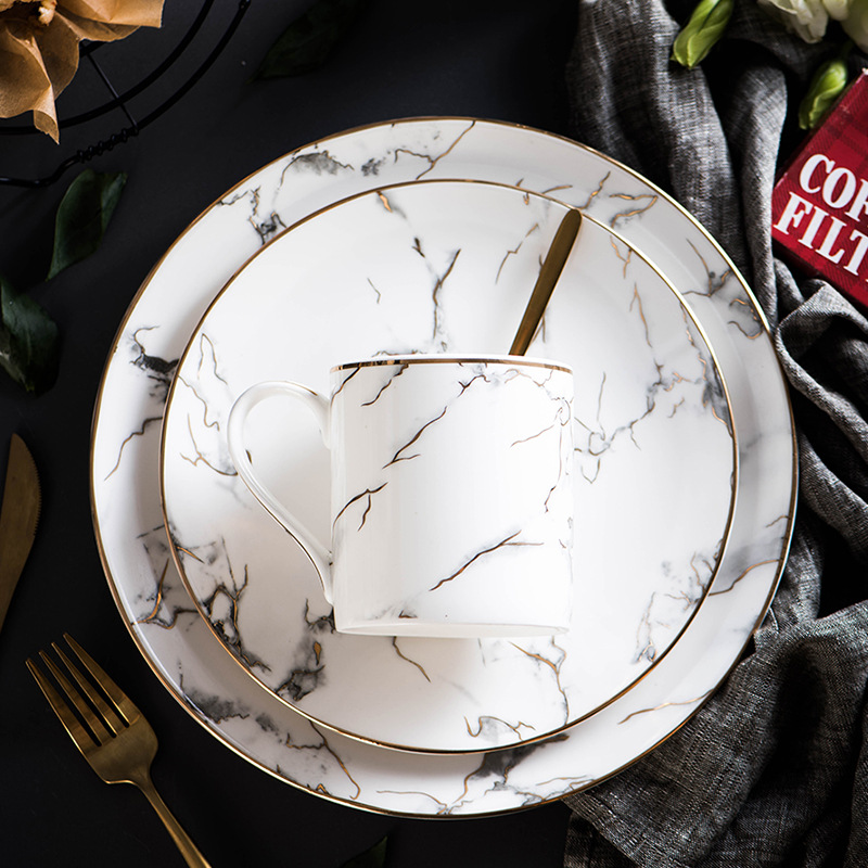 European style marble simple disc family ceramic tableware set steak plate salad plate