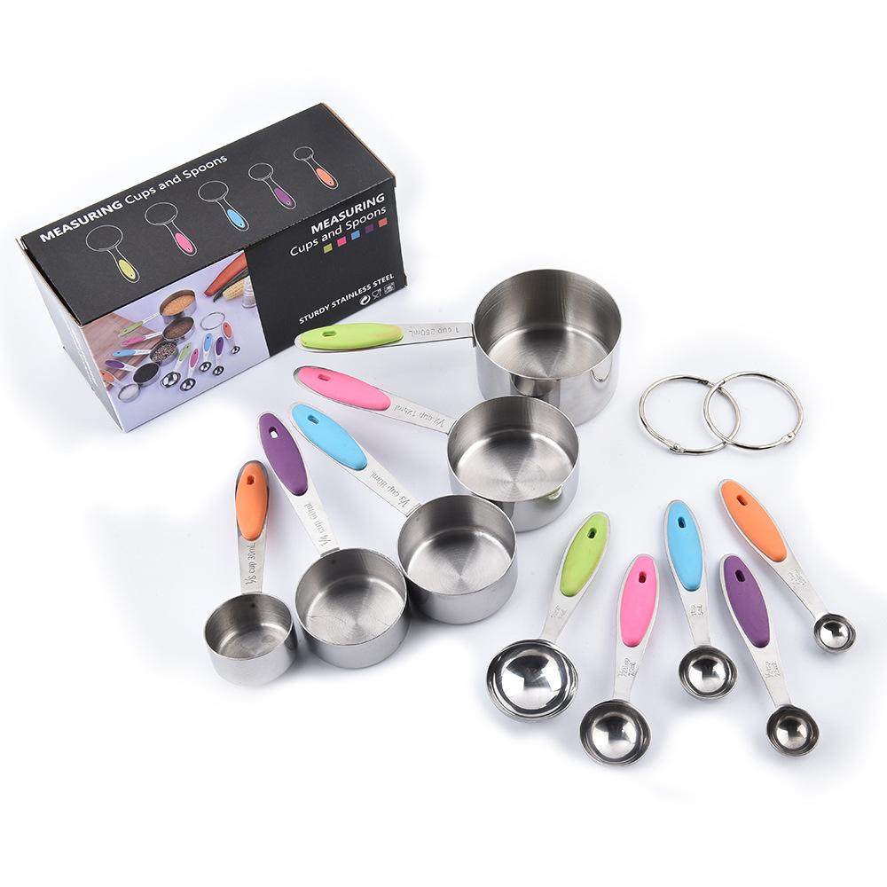 Amazon Stainless Steel Silicone Handle Measuring Cup spoon set 10 pieces, baking tool measuring cup spoon set
