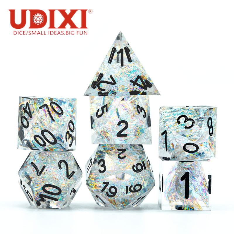 Конфетные блестящие остроконечные игральные кости Udixi с металлической коробкой Подземелья и Драконы прозрачные 7 шт. набор игральных костей для игры в ролевые игры DND