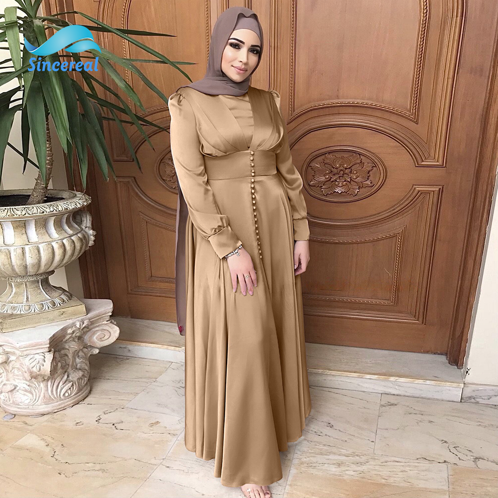 Spring and Autumn Dubai women corset and beaded dress elegant satin Muslim solid color long dresses