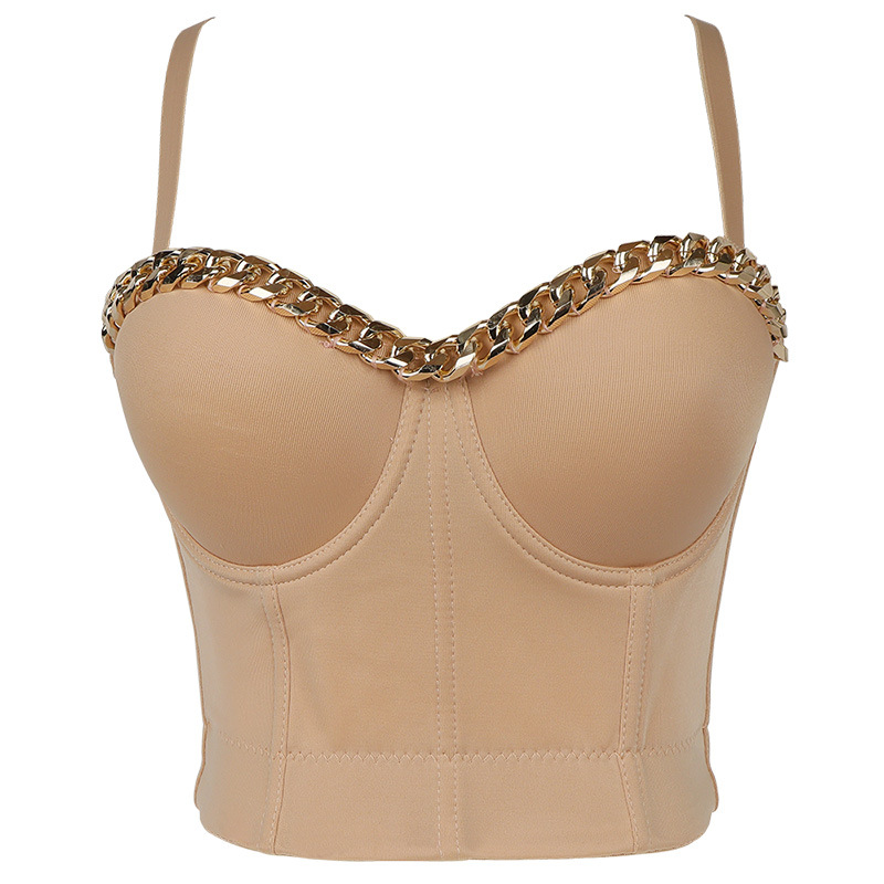 T884 Fashion Chain Sleeveless Spaghetti Straps Fancy Sexy Ladies Plain Black Bustier Custom Crop Tops For Wholesale Women