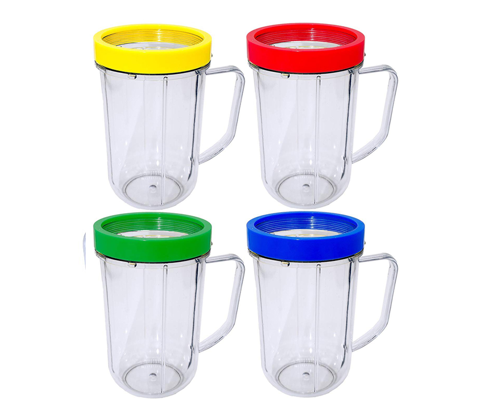 4 Pack 16 Ounce Party Mugs Cups with Colored Lip Rings, Compatible with Original Magic B Blender Juicer 250W MB1001