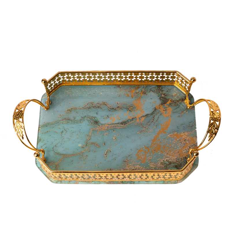Tea set tray rectangular luxury charm gilt-edged iron double ear design tempered glass tray