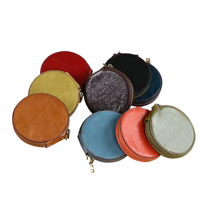 Online sale luxury real leather vintage mini round zipper coin wallet purse pouch for girls and women