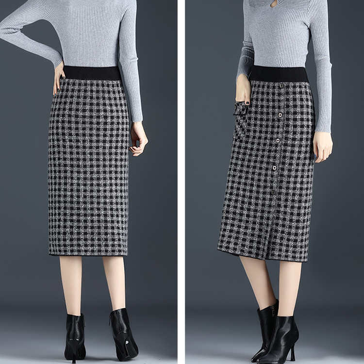 Women's High Waist Elastic Plaid Knitted Midi Straight Skirts with Pocket and Buttons