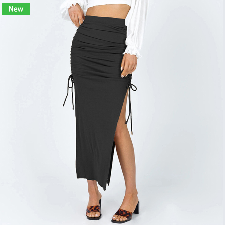 Free Shipping Solid Color Solid Ruched Split Thigh Skirt