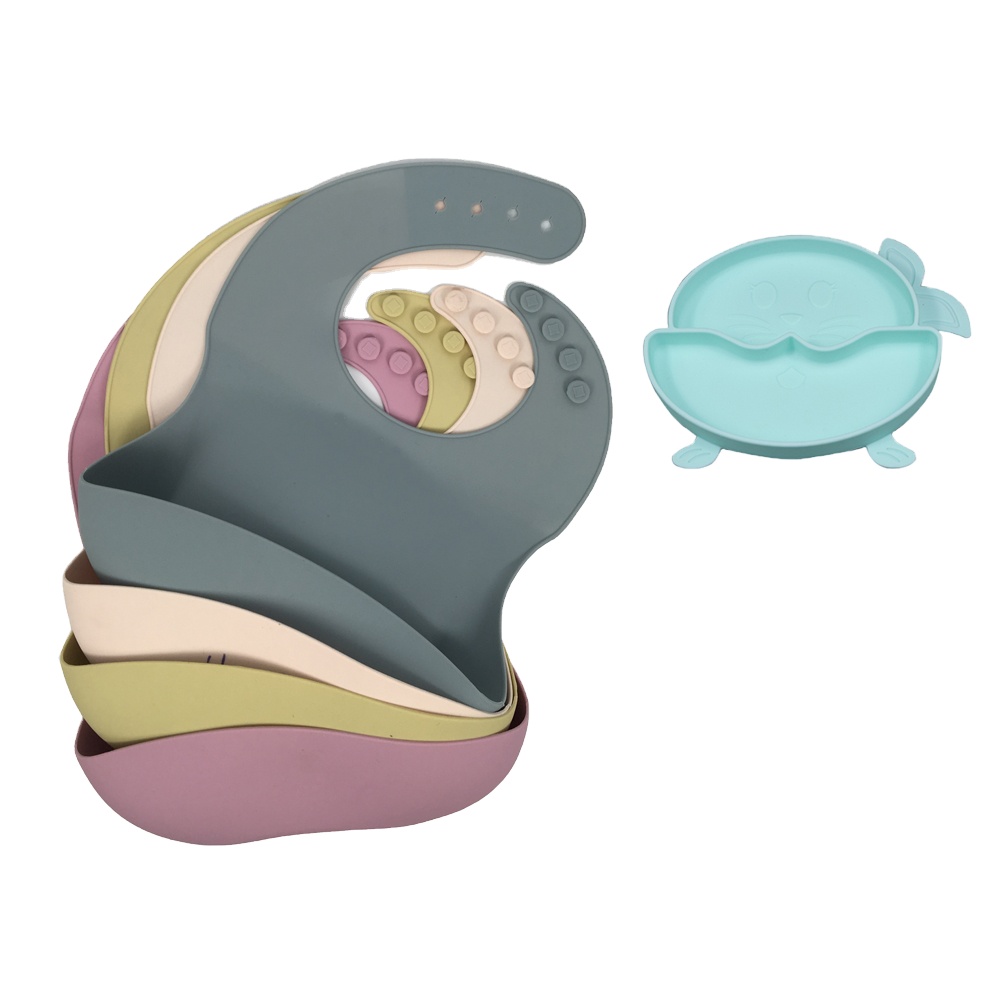Customized Prinedt Logo Multi Colored Soft Silicone Baby bibs with Crumb Catcher&Baby Plate