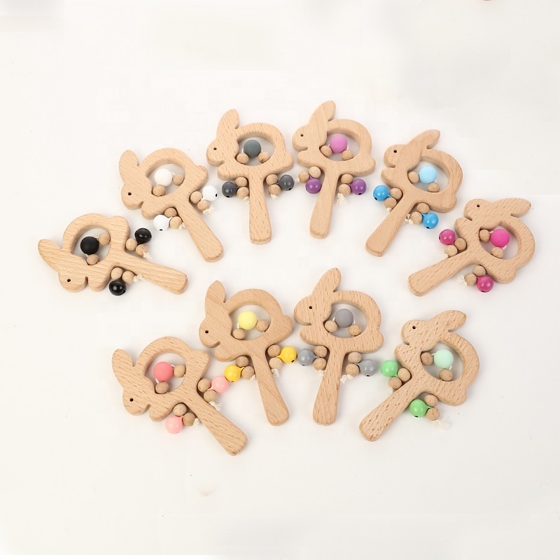Colorful round beads baby room toys safe silicone beech wooden baby rattle rabbit shape baby teething toys