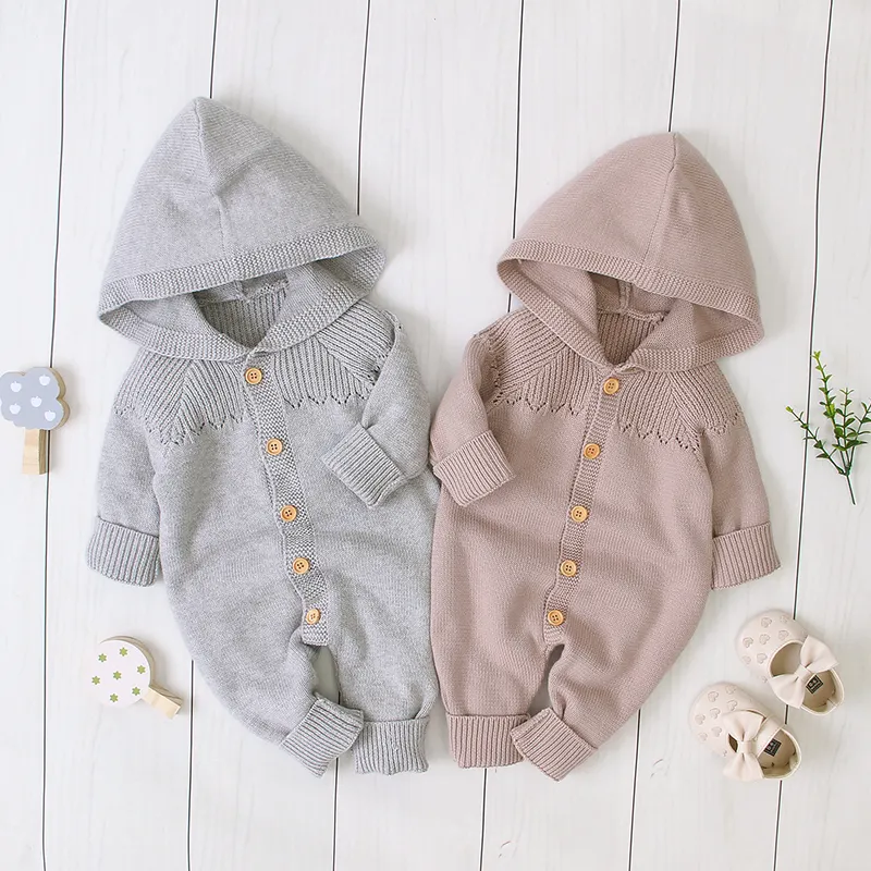 2020 Hot Sale Toddler Clothing Jumpsuit Solid Color Newborn Baby Hooded Knitted Romper Clothes For Girl Boy