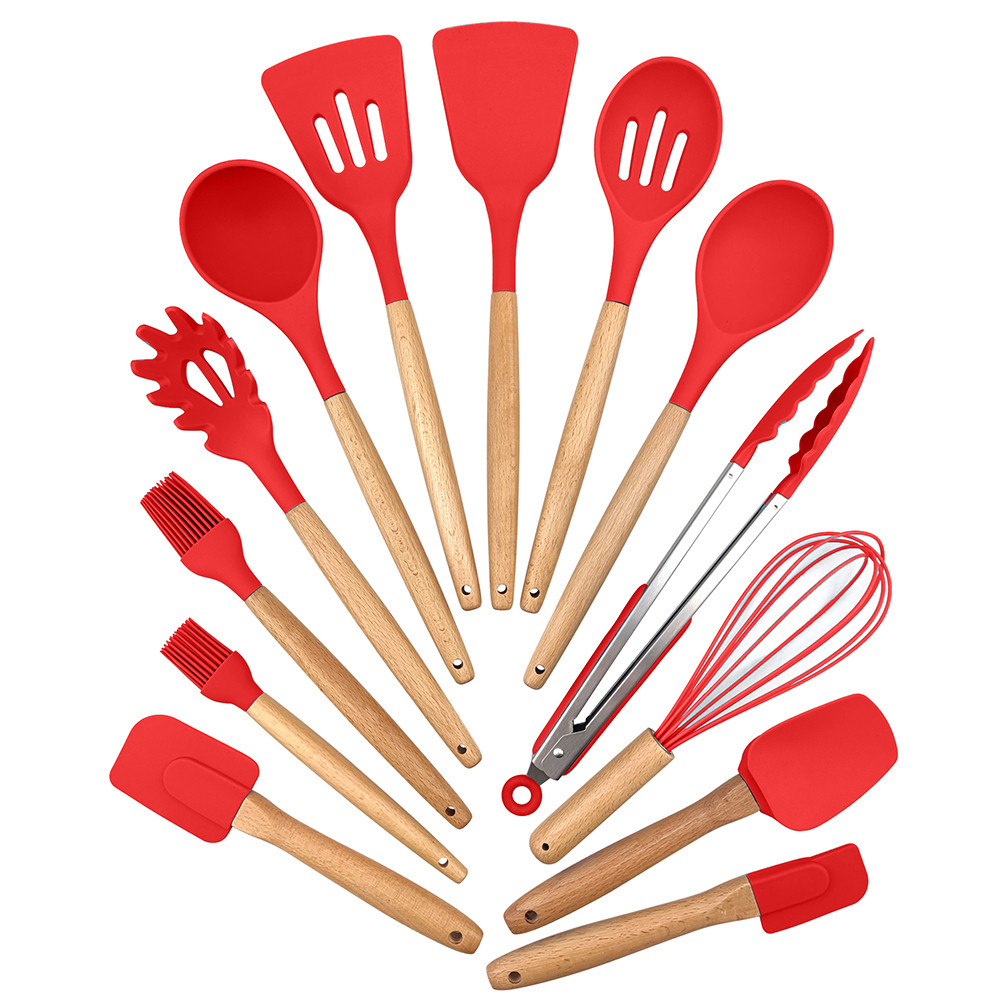 Silicone Cooking Utensil Set Kitchen Utensils Non-stick Heat Resistan BPA-Free Silicone Wood Handle Kitchen Cooking Tools Set