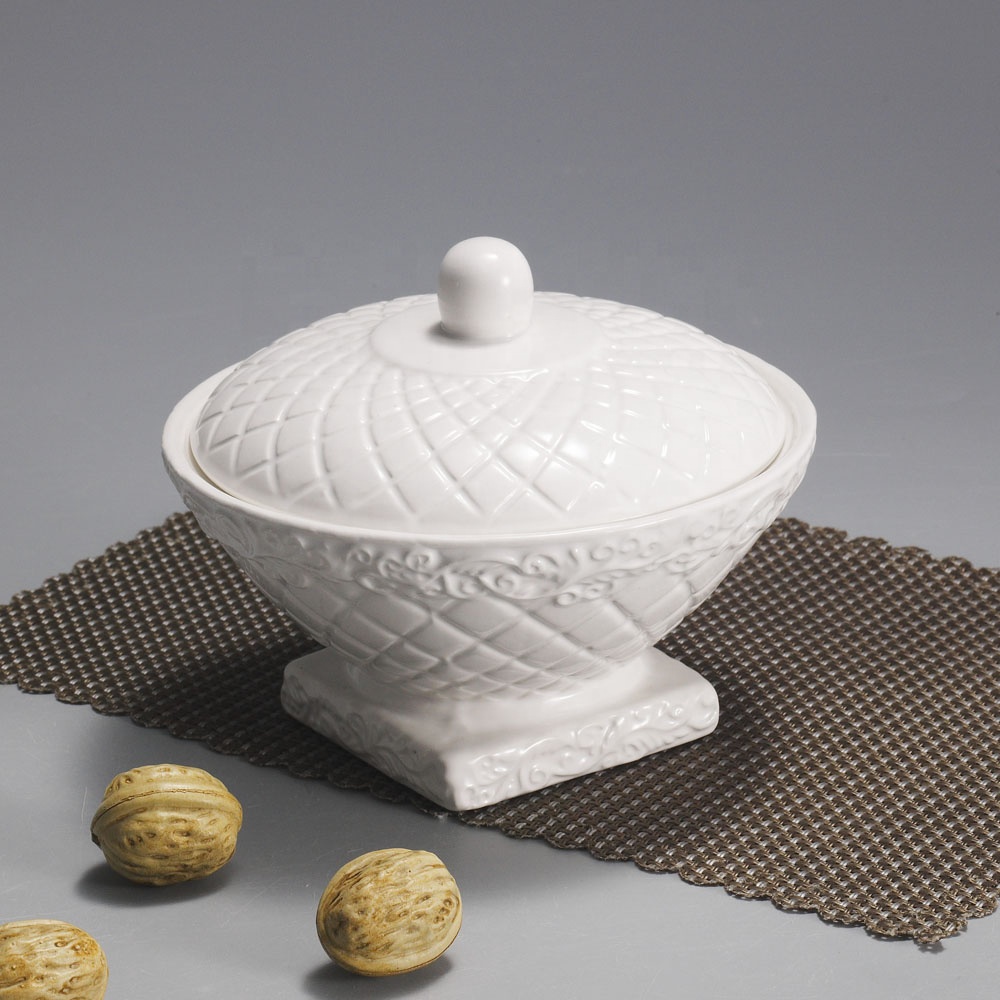 Hot sale top class customized gift grid pattern design hotel and restaurant ceramic sugar bowl