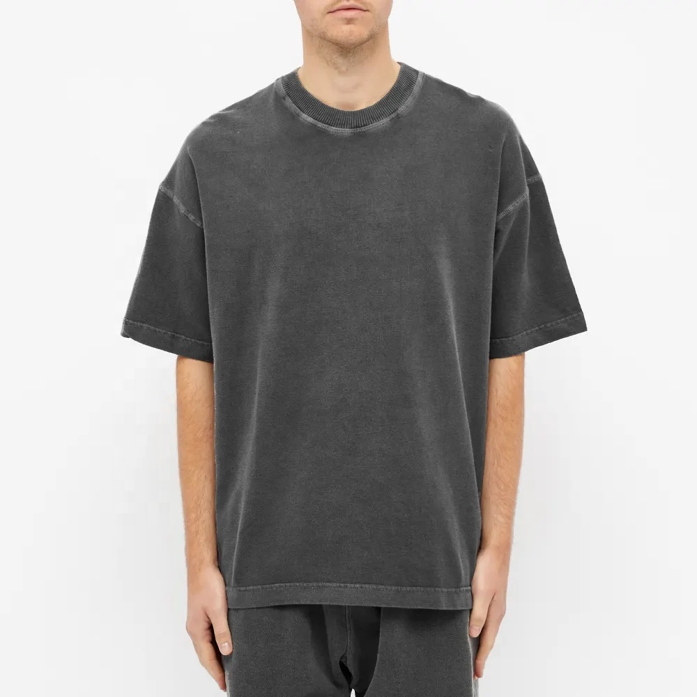 Стильные вымытые камнями опущенные плечи ребристые Crewneck черные пустые футболки с заказным тканым ярлыком