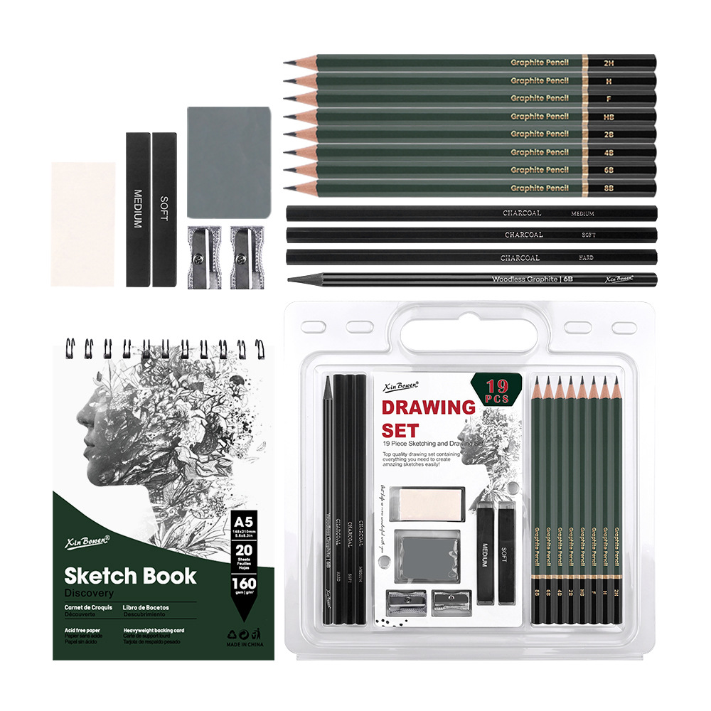 Xin Bowen 19-Piece Professional Art Set Sketch painting set and Pencil with Sharpener Drawing Tools for Painting and Writing