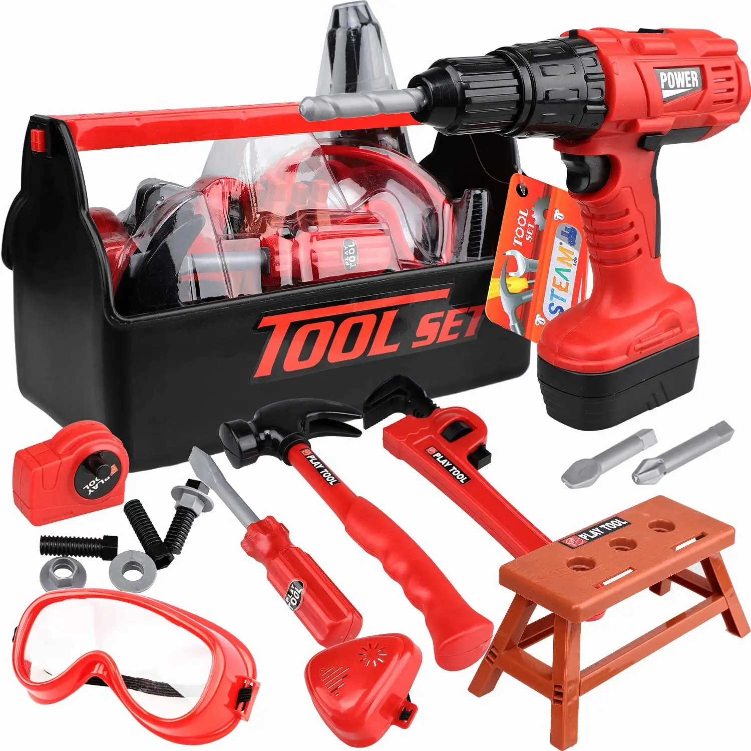 STEAM Kids Tool Set with Power Toy Drill - Toy Tool Set Contains Tool Box and Toy Hammer, Power Drill educational set for kids