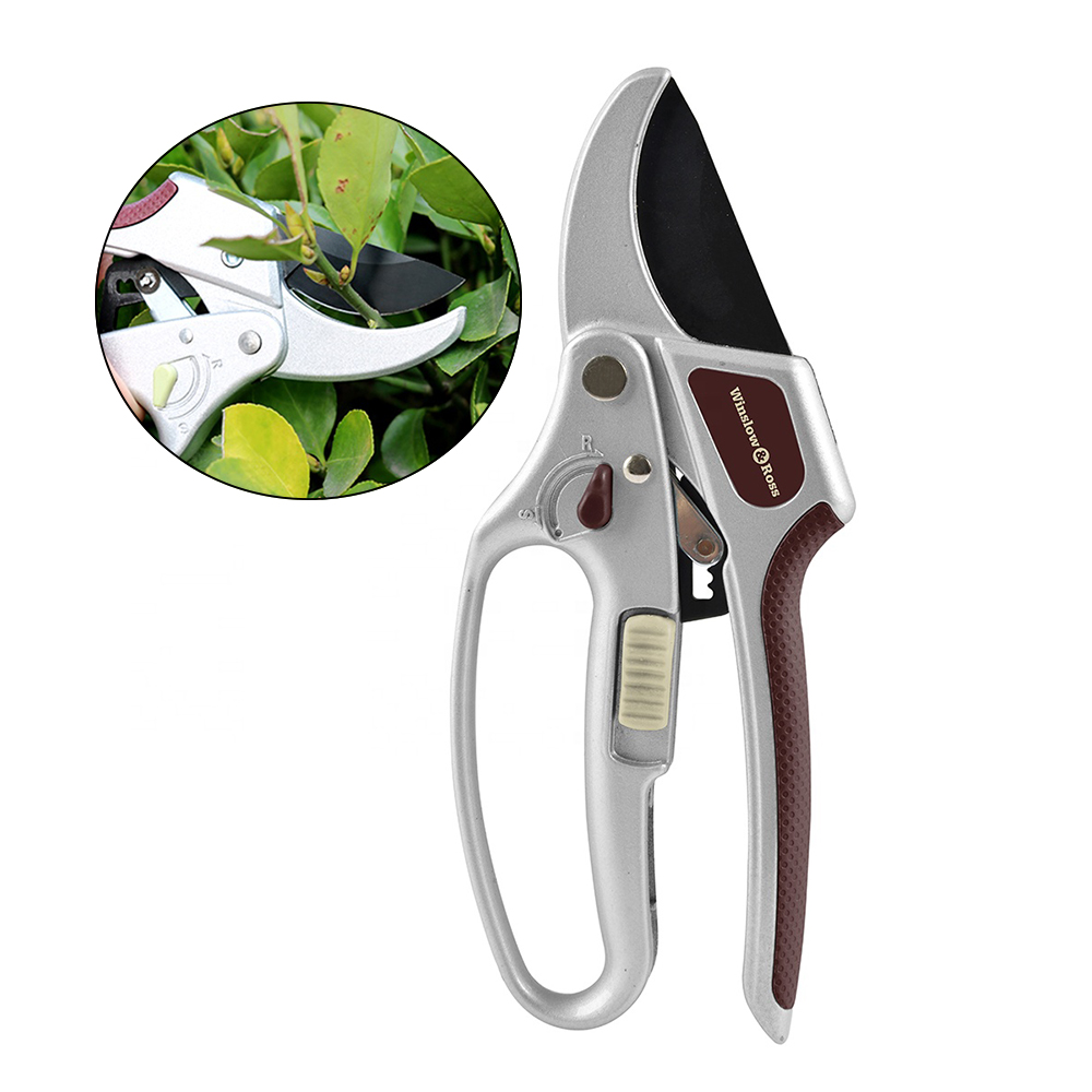 Winslow & Ross 8 inch garden pruning scissors SK5 blade dual mode ratchet anvil plant scissors