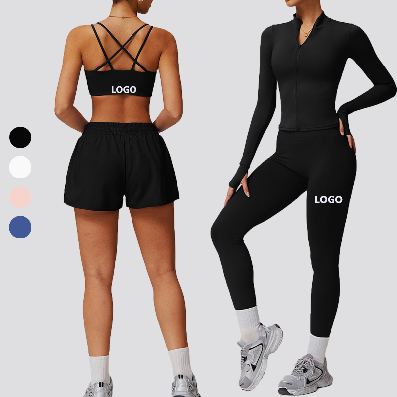 4Psc Women's Workout Short Sports Bra Fitness Beautiful Back Leggings Training Padded Sports Bra Active Jackets Gym Fitness Sets