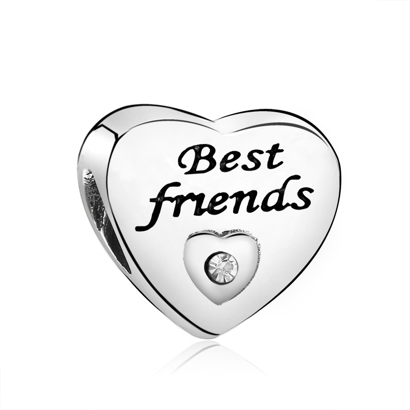 Classic Lettering Heart Loose Beads Silver Plated Large Hole CZ Charms Beads for Family Member Best Friend DIY Jewelry Gift