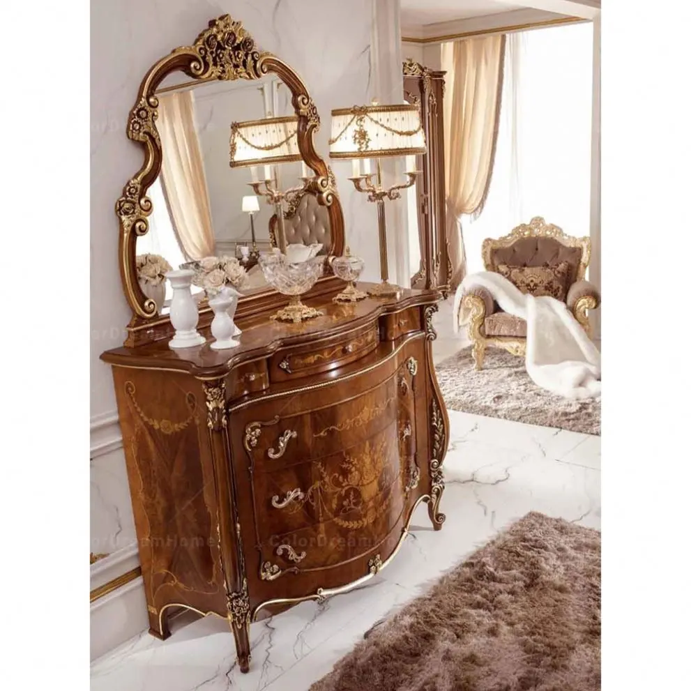 French royal furniture antique bedroom luxury handmade solid wood carved chest of drawer with mirror