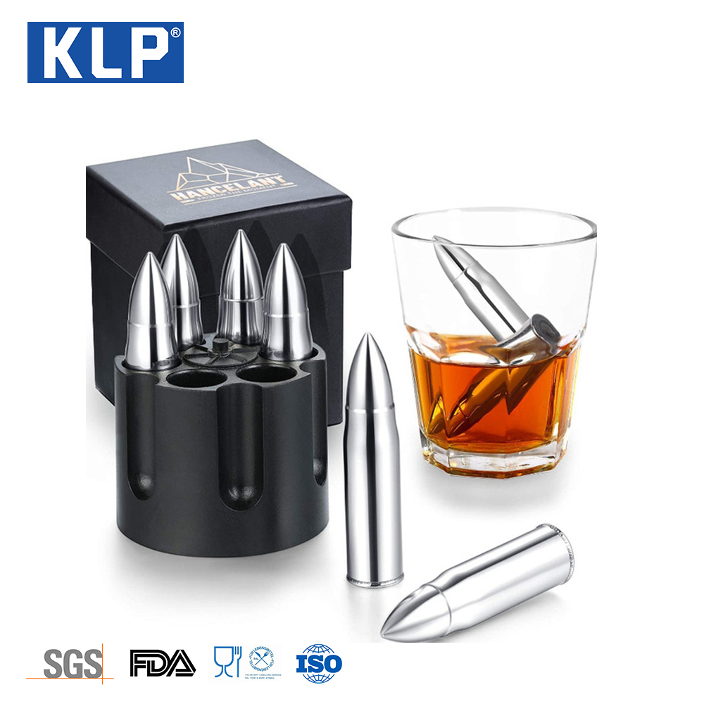 KLP brand hot sale 6 pcs silver bullets shape stainless steel ice cubes whiskey stones Chilling Rocks for bar tool