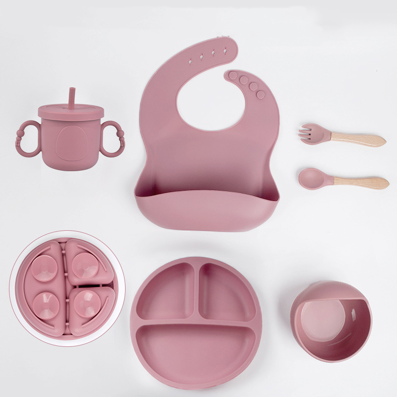 Baby Feeding Eating Supplies Silicone Suction Divided Plate Baby Bibs Suction Bowl Cup with Straw Baby Tableware Set for Toddler