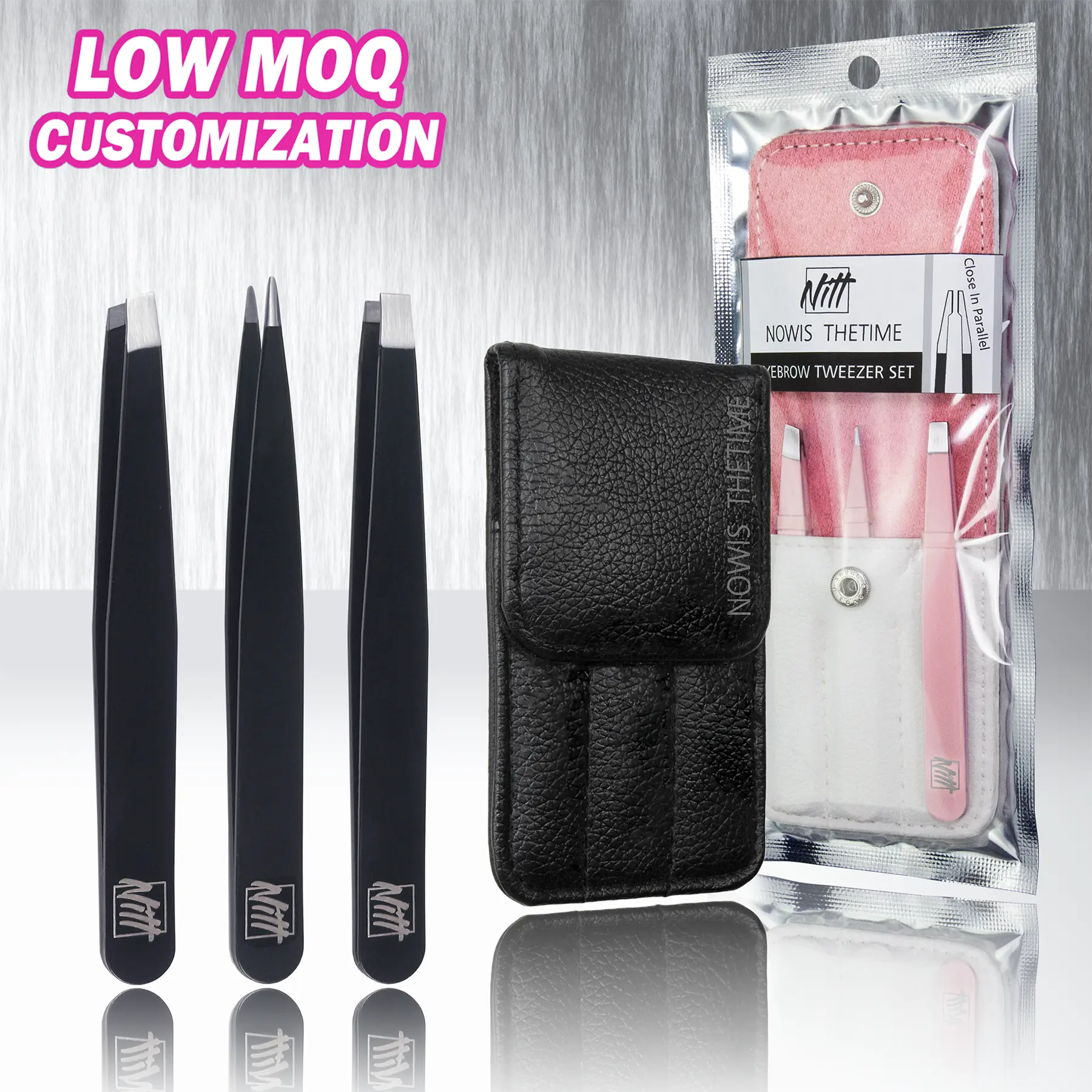 3Pcs Black Pink Eyebrow Tweezer Set Eyebrow Tweezers with bag and package