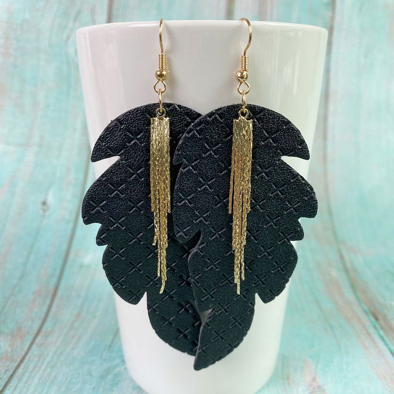 Fashion Big Leaf Leather Hoop Earrings Bohemian Metal Tassel Leather Hoop Earrings Amazon Ins Fashion Earrings