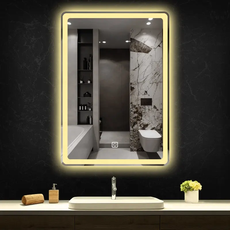 Bathroom LED light mirror with Touch Sensor Anti-Foggy Smart Makeup Mirror with Time Display and Color adjustment