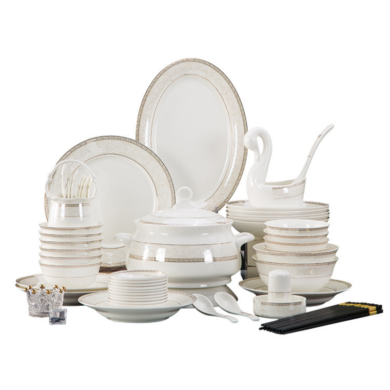 2025 Ceramic Bone China Bamboo 60 Pcs 10 person Tableware Suit Bone Bowls Porcelain Tableware Plate Set Dinnerware