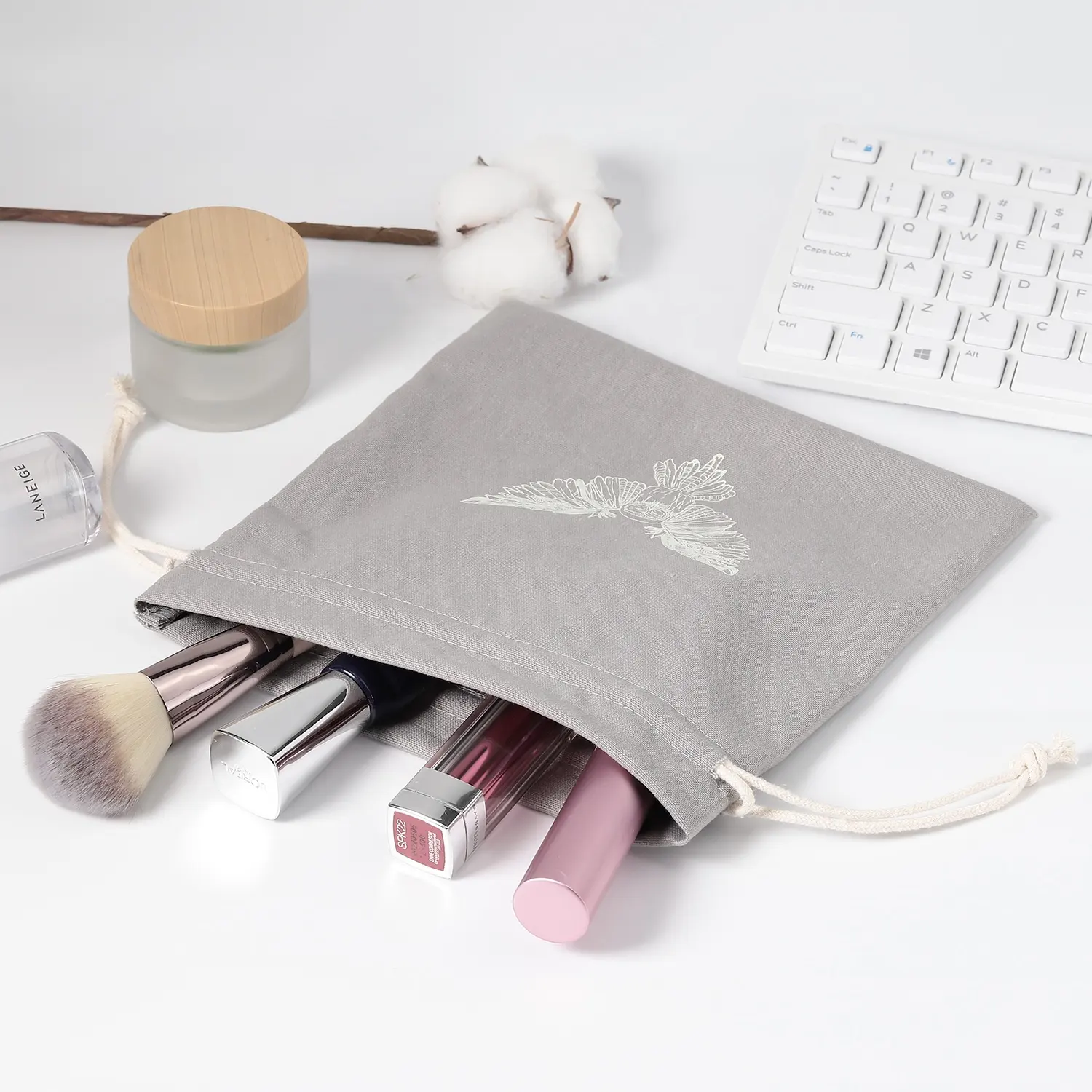 Custom logo Lavender bag cosmetic perfume Lipstick makeup brush set packaging 100% natural Grey cotton drawstring pouch