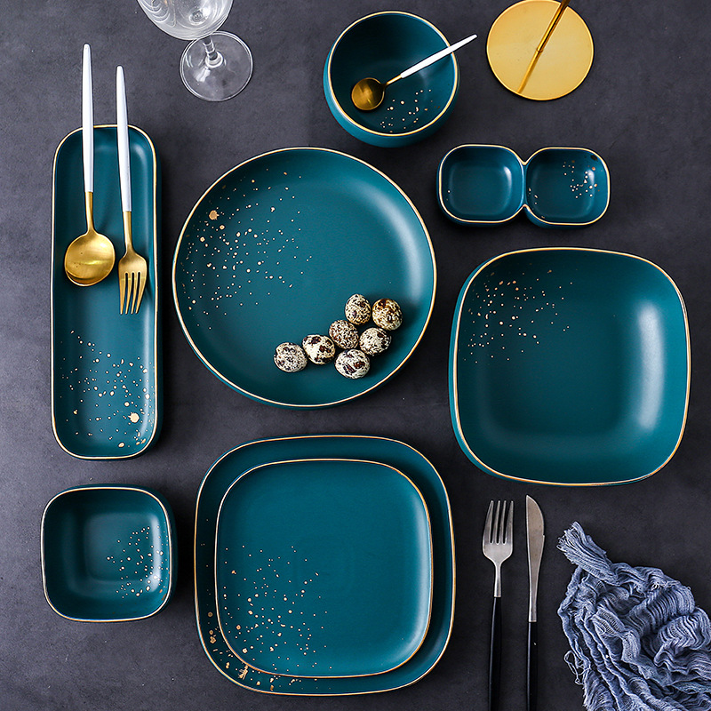 royal doulton luxury gold-green marble ceramic dishes plates western tablewar porcelain plates sets dinnerware