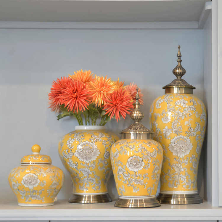 Yellow porcelain luxury Chinese vintage flower vase set handmade antique wholesale modern ceramic vase for home decoration