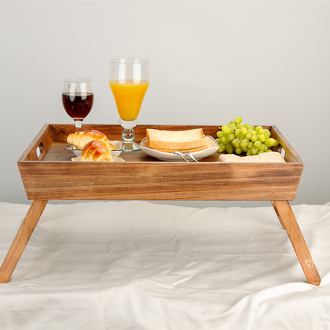 Folding Natural LFGB Foldable Acacia Wood Serving Tray with Handles